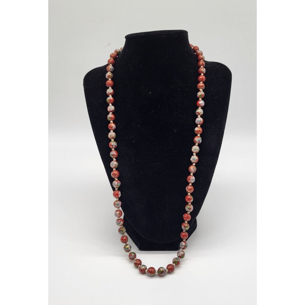 VTG Cloisonne Chinese Beaded Knotted Necklace Red Gold Floral